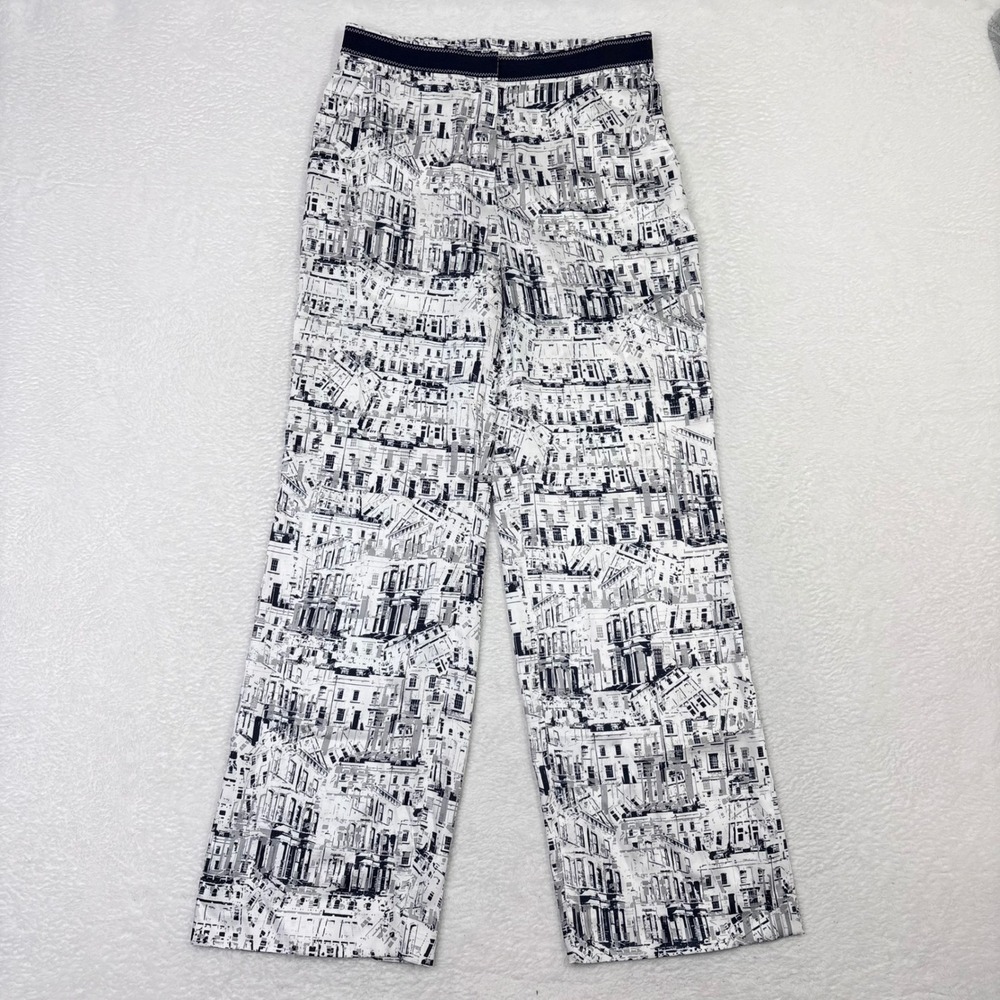 JEFEN by Frankie Xie Womens Large Wide Leg Pants White‎ Black Cityscape Print